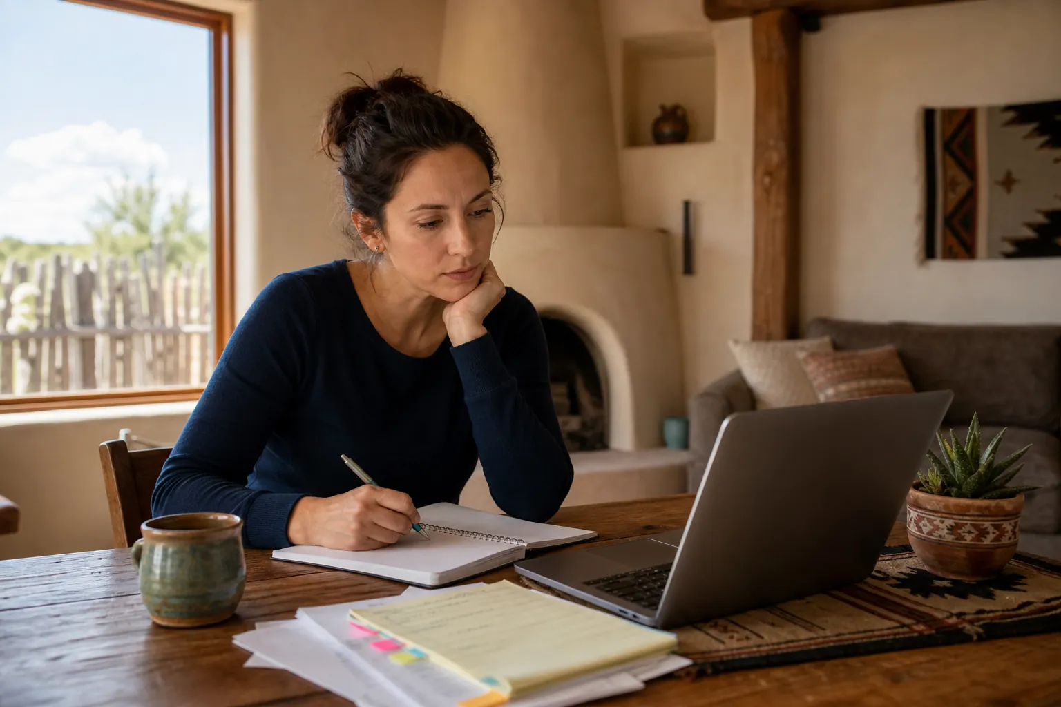Woman writing in a notebook while reviewing care options on a laptop at a table in a Southwestern-style home