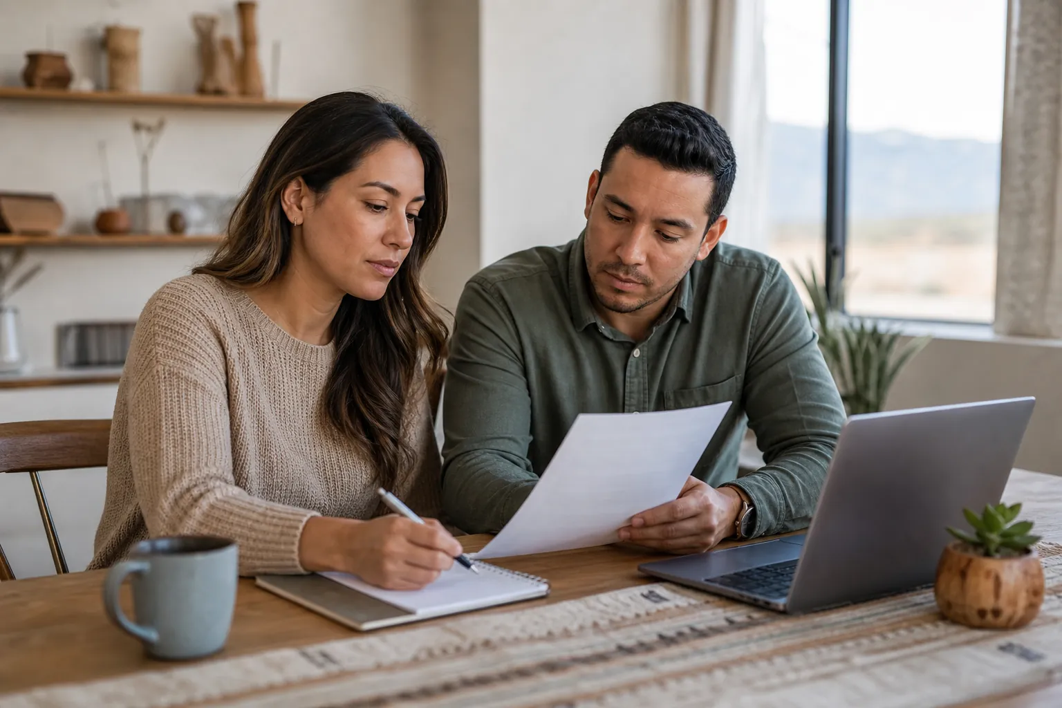 Two adults review paperwork and take notes beside a laptop while comparing outpatient care options and schedules.