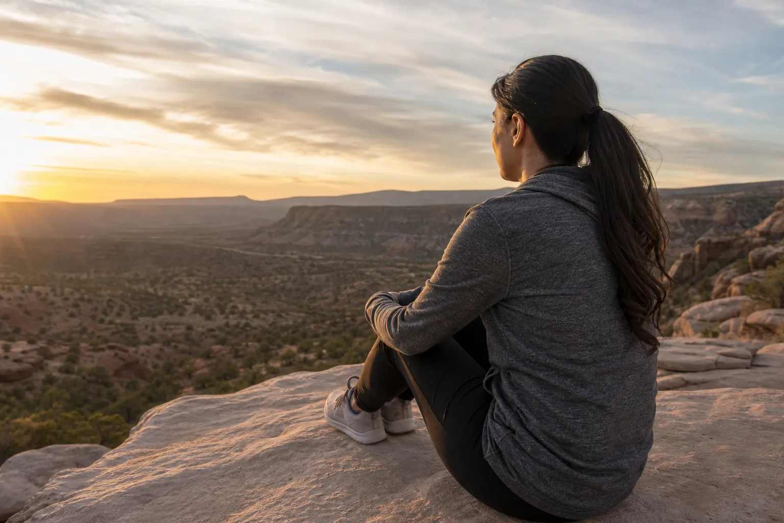 A woman with a ponytail sits on a rocky overlook, knees drawn up, gazing across a desert canyon at sunset.