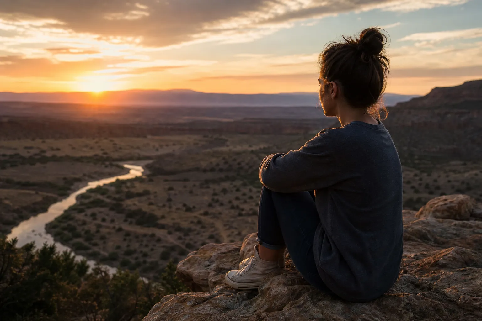 A person with hair in a bun sits on a rocky overlook, gazing across a desert canyon and winding river at sunset.