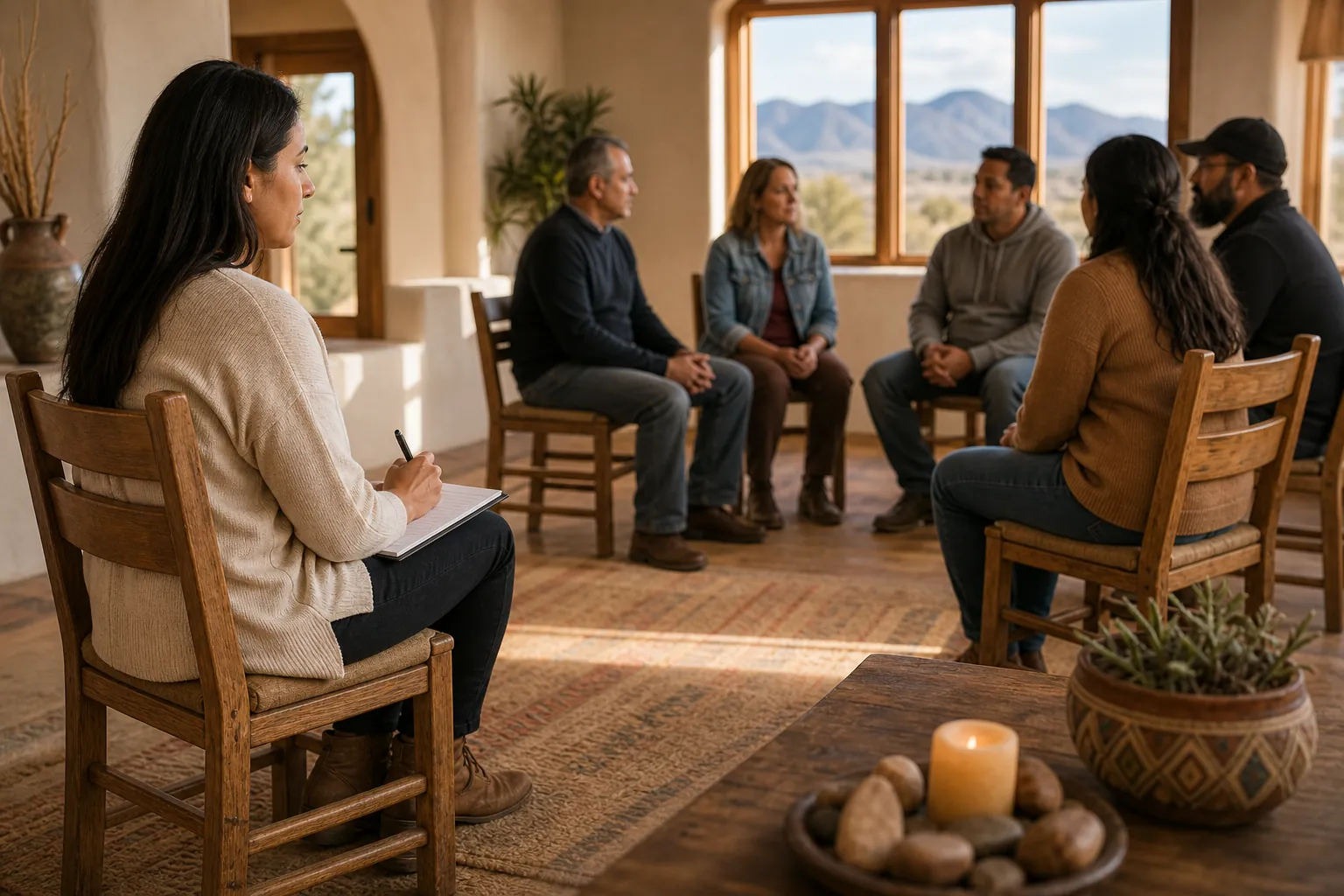 A counselor takes notes while five adults sit in a circle during a group counseling session in a warm, quiet room.