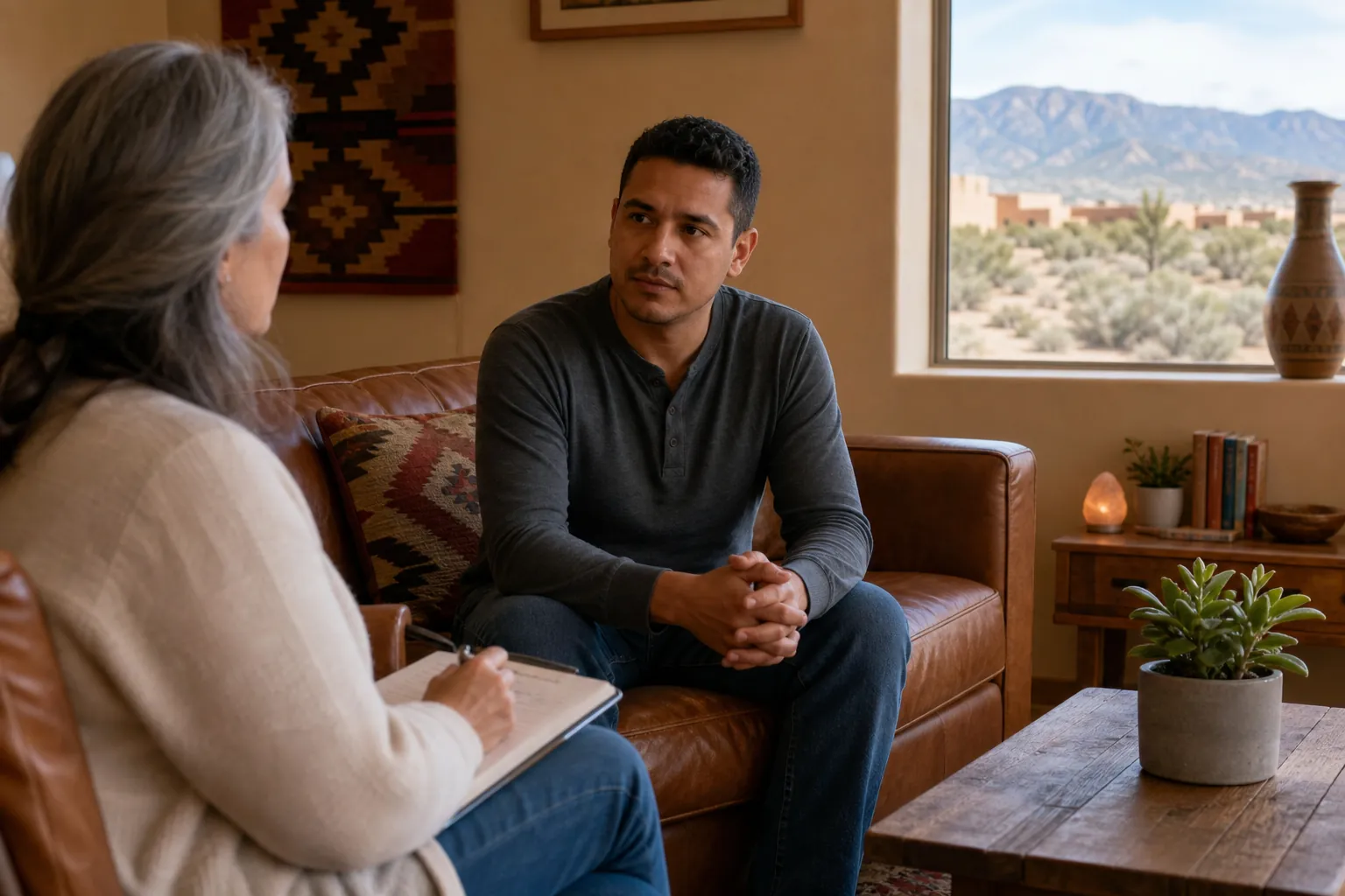 A counselor takes notes while speaking with a man seated on a sofa in a warm office with a desert view.
