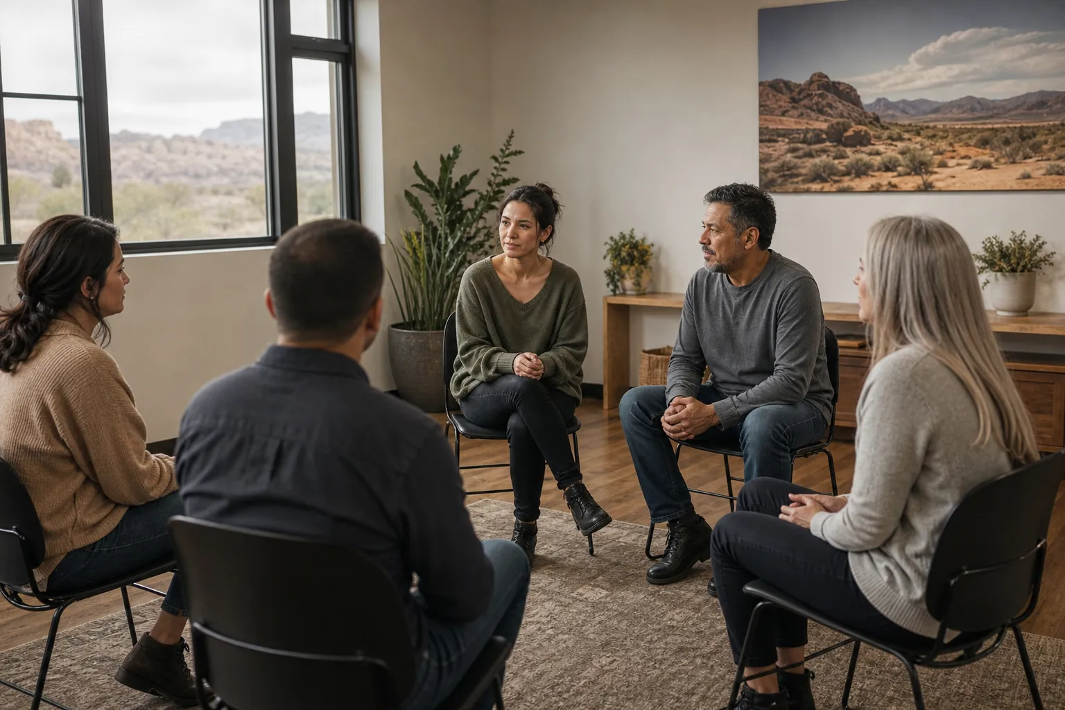 Five adults sit in a circle in a bright room with large windows, potted plants, and a desert landscape print.