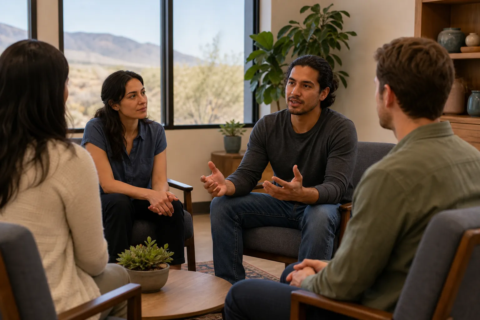 Four adults sit in a circle in a bright room, listening as a man gestures, with desert mountains visible through windows.