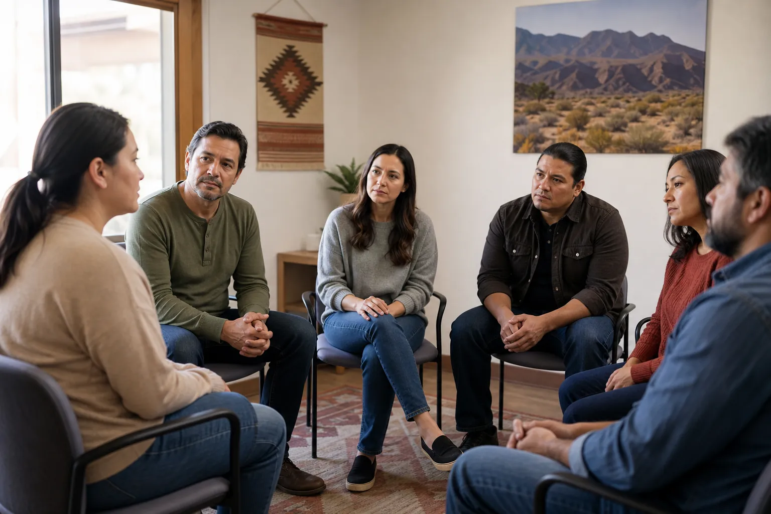 Six adults sit in a circle for a group discussion in a room with a woven wall hanging and a desert landscape print.