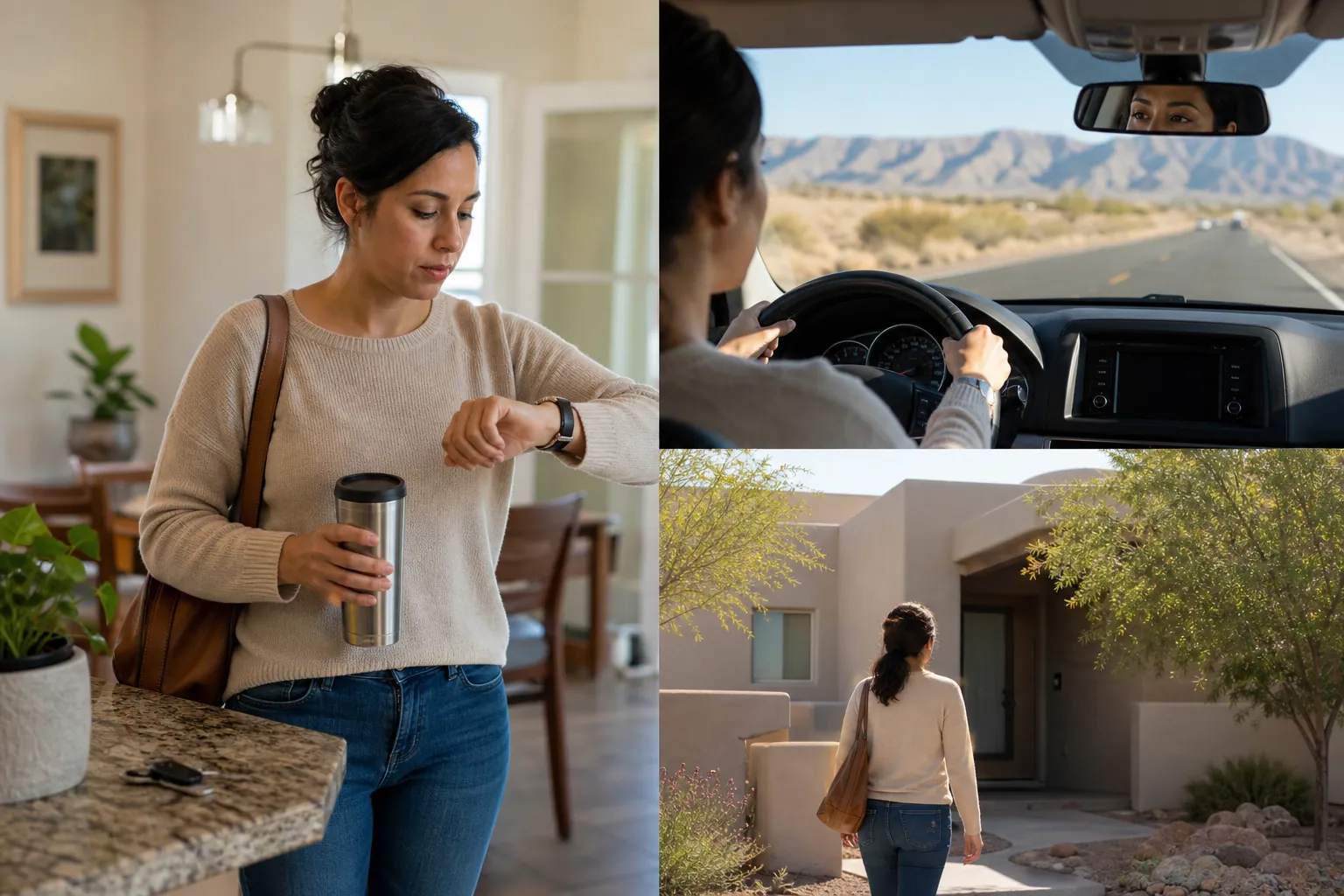 Woman checks her watch at home, drives on a desert highway, and arrives at a Southwestern-style building.
