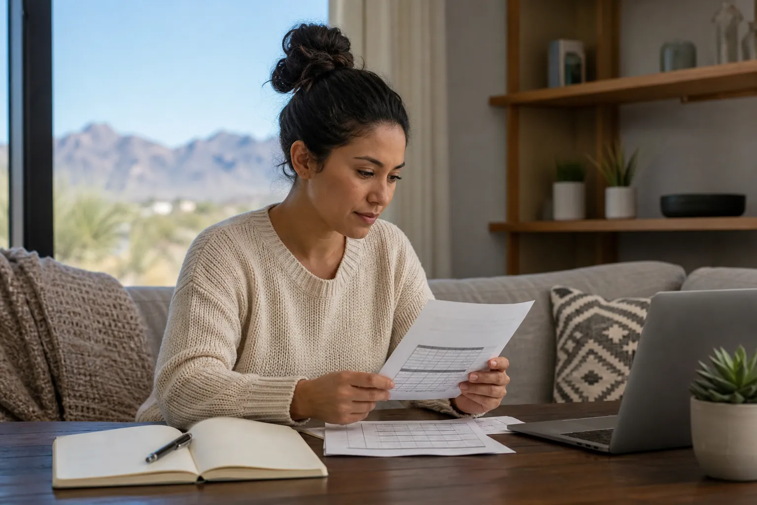 Woman reviews printed schedule sheets beside a laptop and notebook, with desert mountains visible through the window.