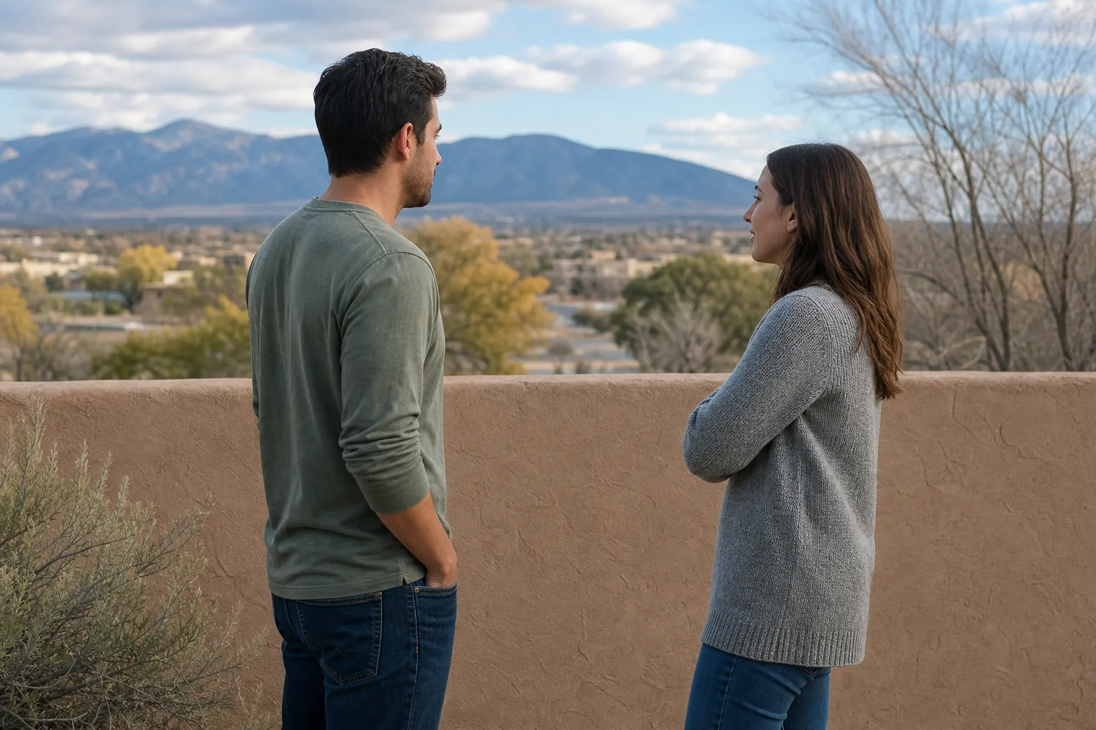 A man and woman stand apart in conversation beside a low wall overlooking a town and distant mountains.