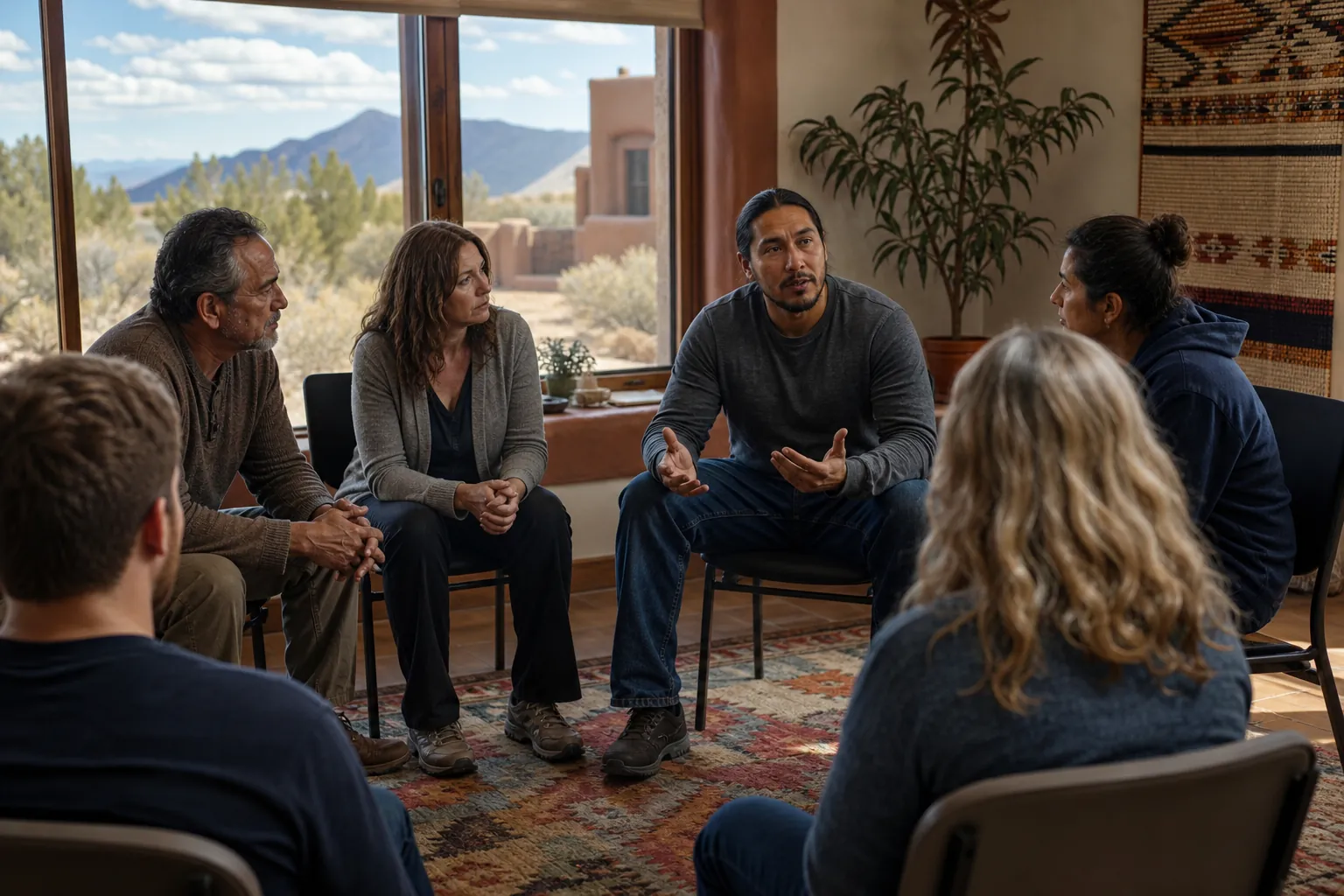 Seven adults sit in a circle as one man speaks during an addiction group therapy session in a bright room.