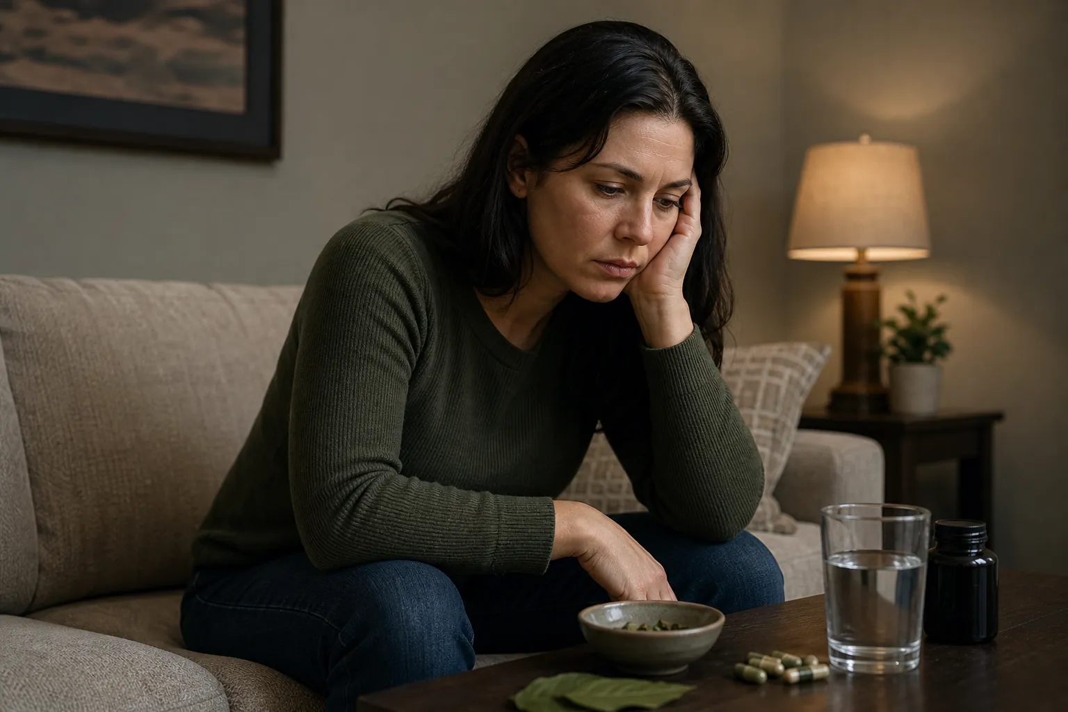 A distressed woman sits on a sofa beside capsules, a dark bottle, a glass of water, and a bowl on a coffee table.