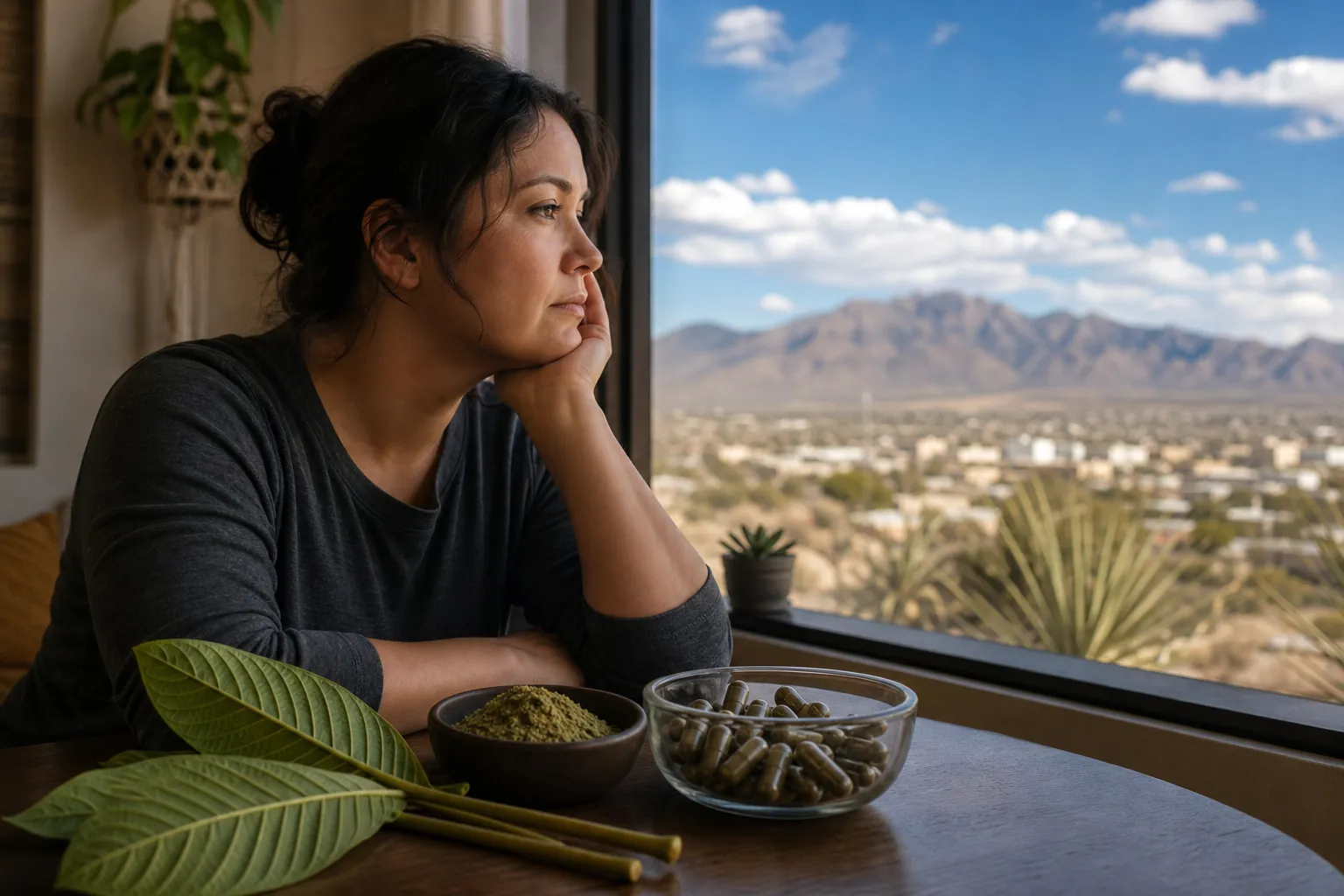 Concerned woman sits beside kratom leaves, green powder, and capsules with a Las Cruces desert view outside.