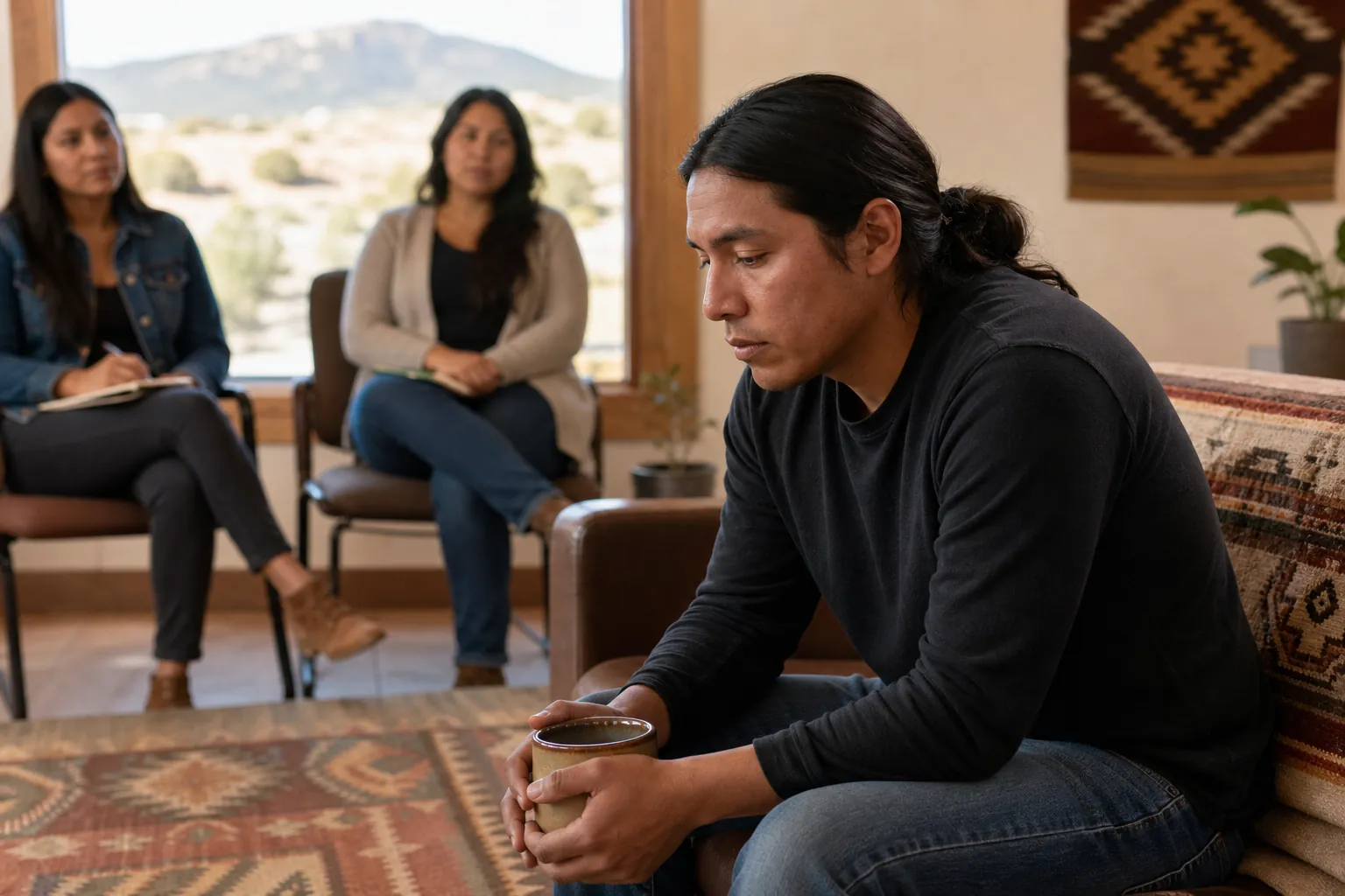A downcast man holds a mug on a patterned sofa while two women sit behind him in a room overlooking desert mountains.