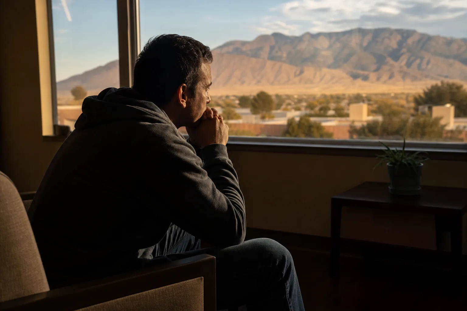 A man in a dark hoodie sits alone with clasped hands near his chin, looking through a window at desert mountains.
