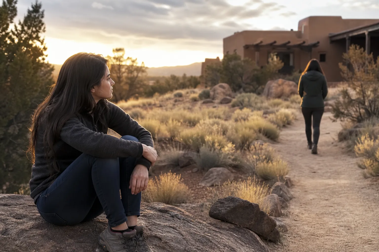 A woman sits on a rock watching another woman walk away along a desert path toward an adobe house at sunset.