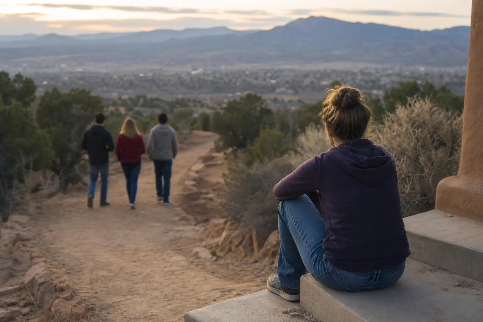 A woman sits alone on outdoor steps as three people walk away along a dirt path, with mountains in the distance.