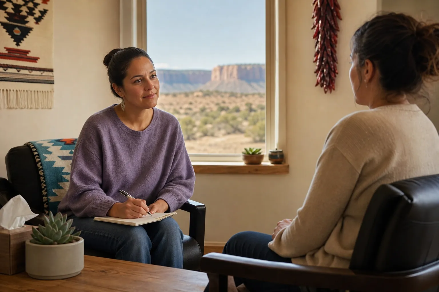 A counselor takes notes while listening attentively to a woman seated across from her in a quiet office.