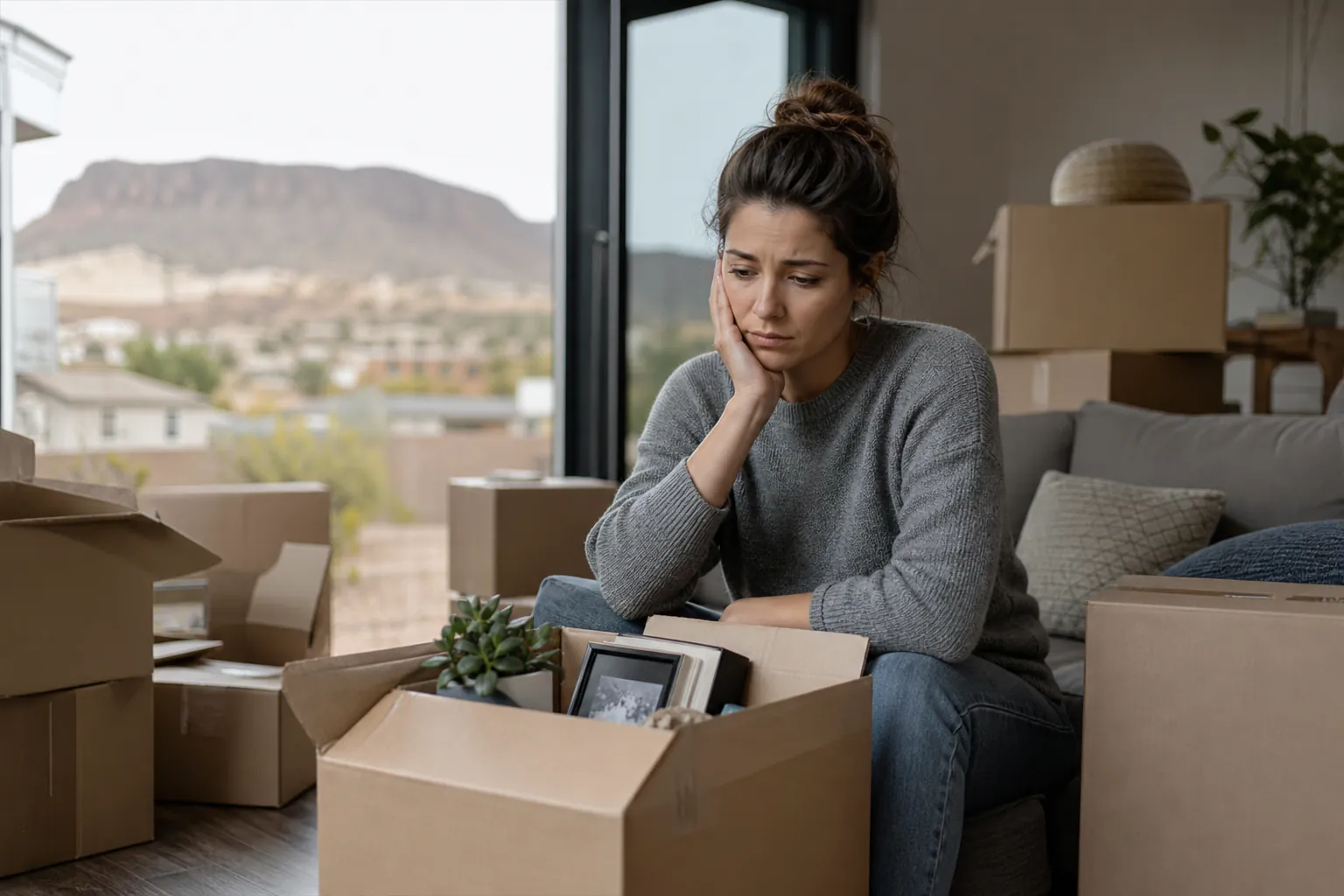 A worried woman sits on a sofa among moving boxes, resting her cheek on her hand with a desert mesa visible outside.