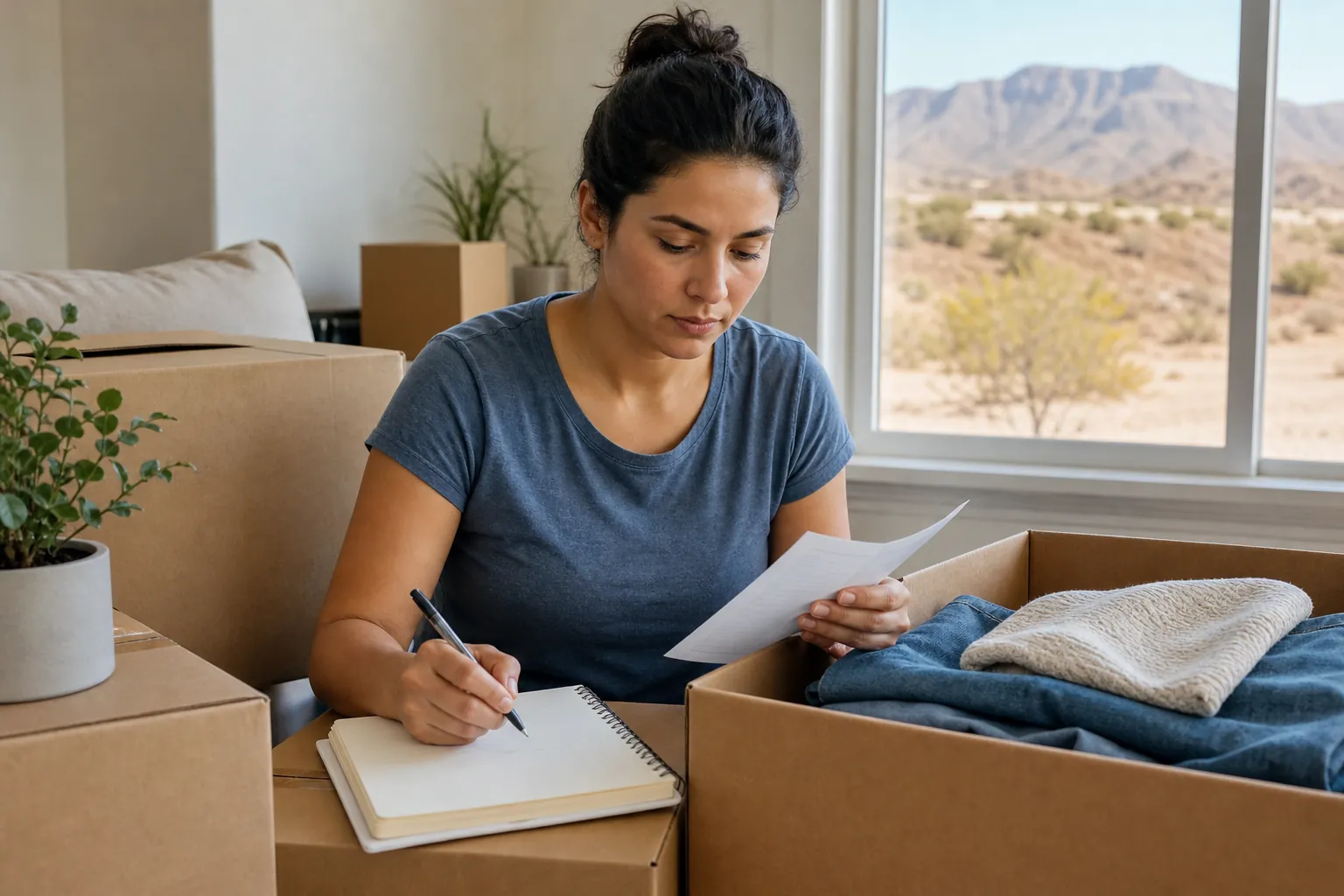 A woman holds papers and writes in a notebook among moving boxes, with folded clothes and desert mountains visible nearby.