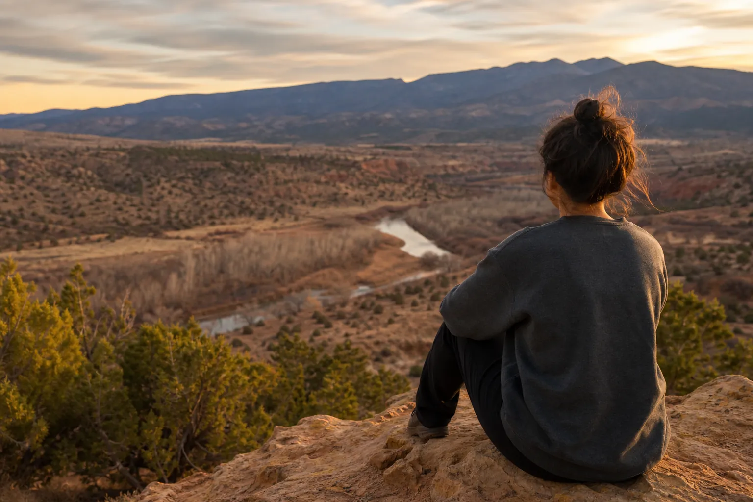 A person seated on a rocky overlook gazes across a desert river valley and distant mountains at sunset.