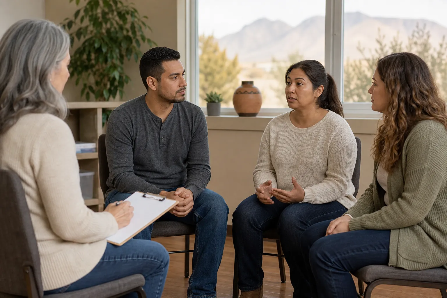 Four adults discuss treatment in a counseling group, with a clinician taking notes and New Mexico mountains outside.