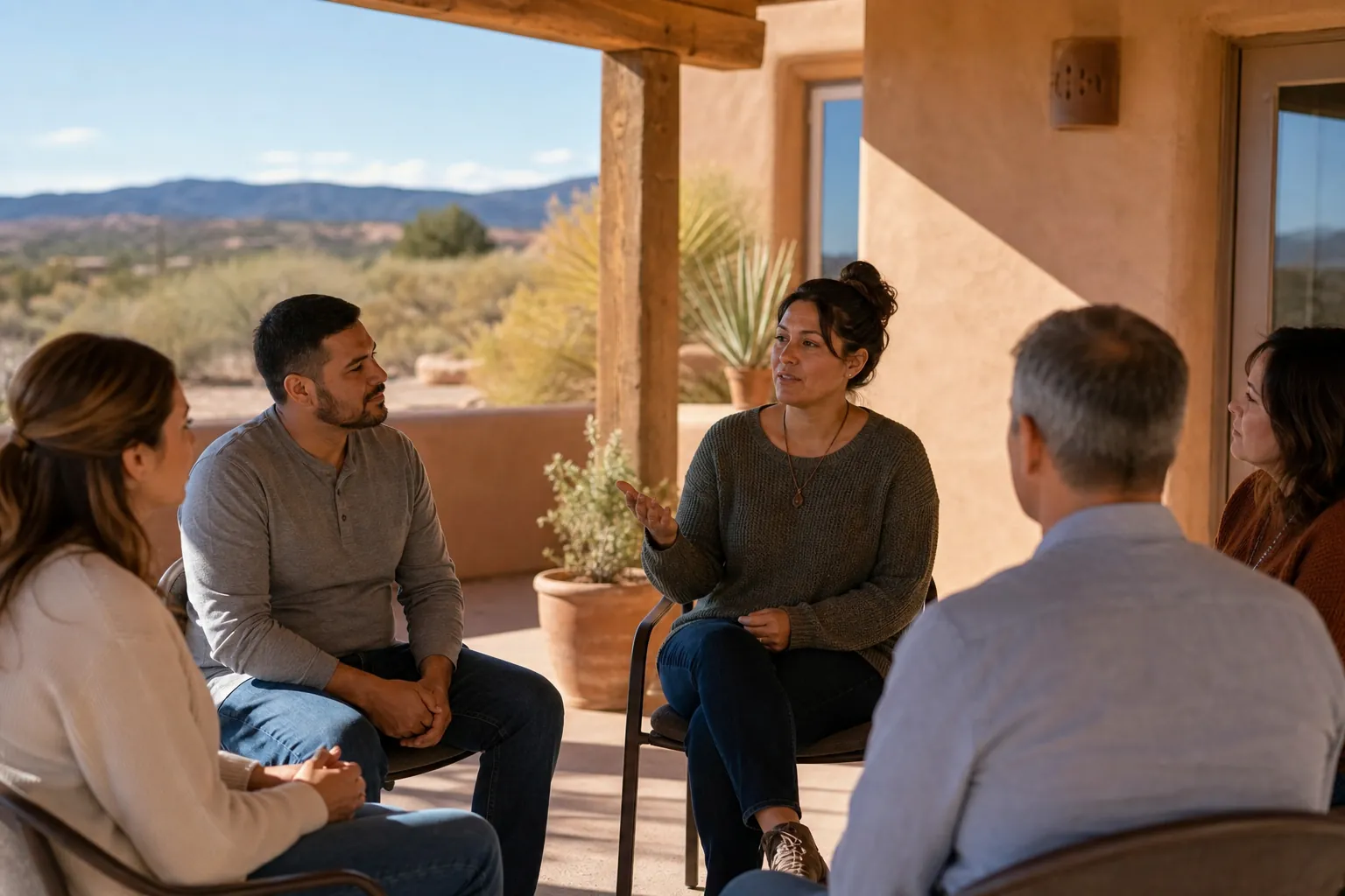 Five adults sit in a circle during an outdoor group therapy session, with one woman speaking to the group.