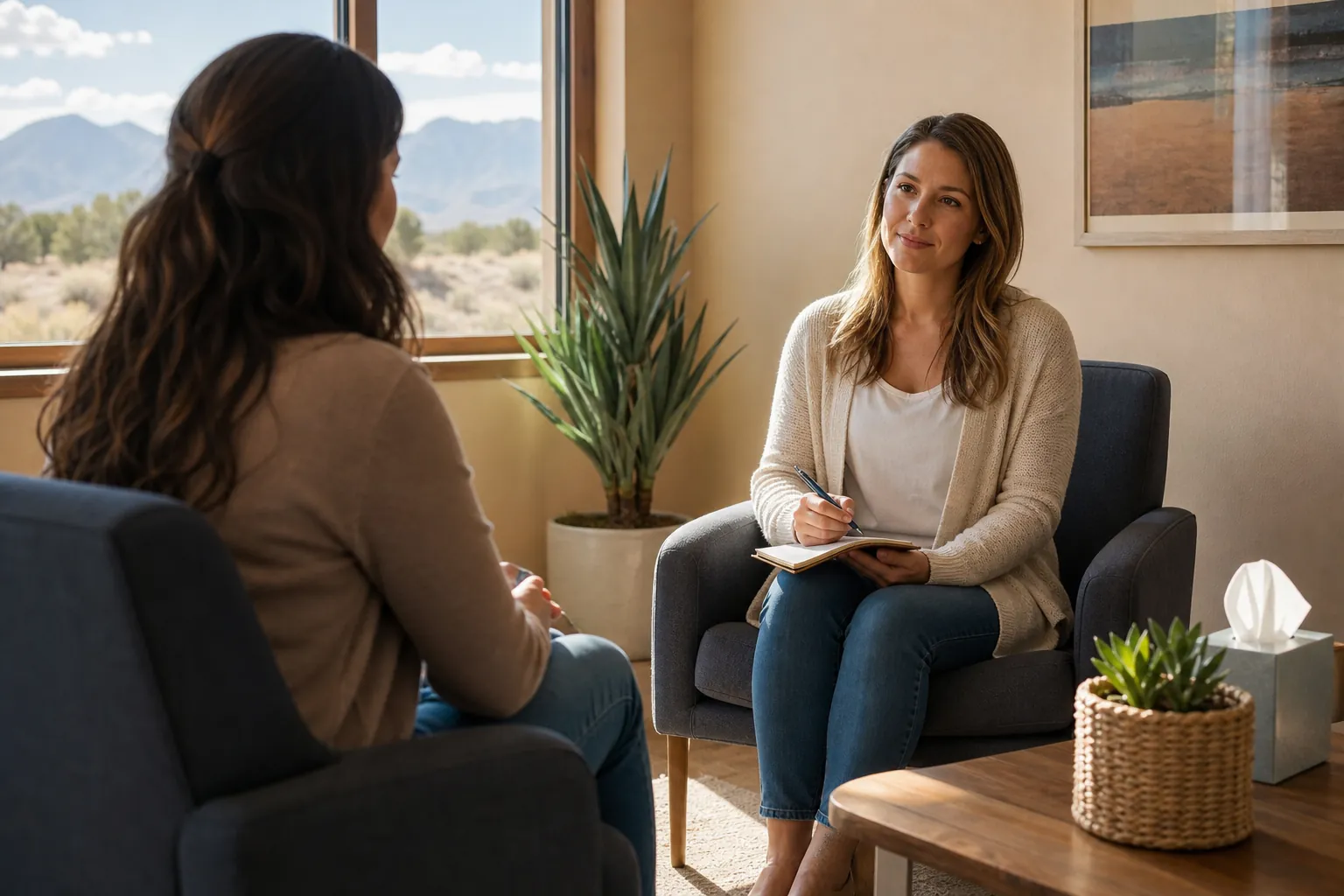 Two women sit facing each other in a counseling office, one holding a pen and notebook, with mountains visible outside.