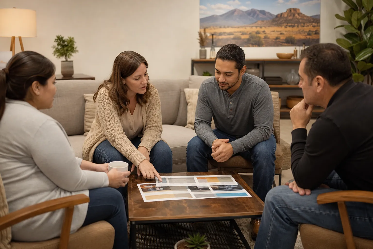 Four adults sit around a coffee table as a woman points to printed comparison sheets in a comfortable counseling setting.