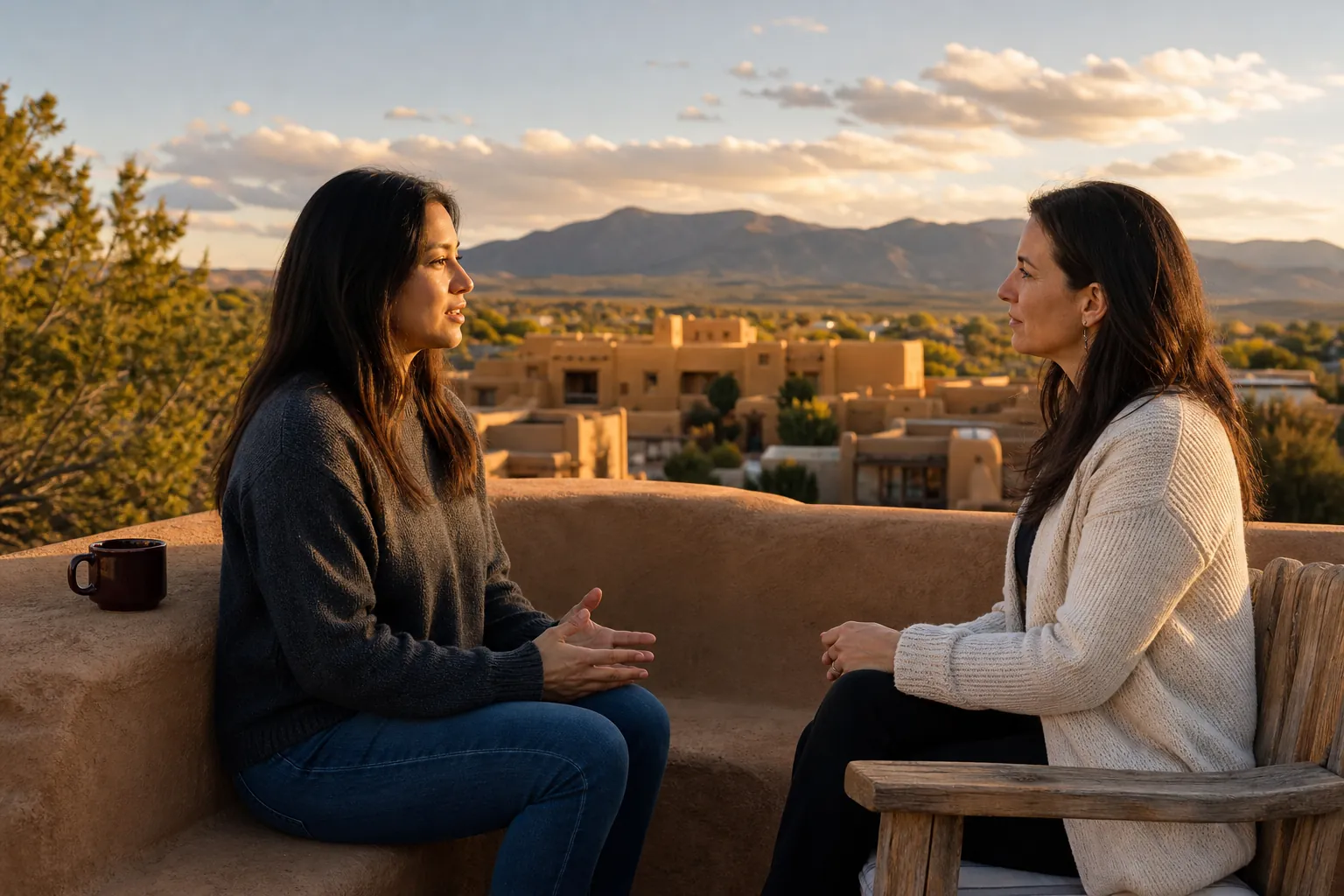 Two women sit facing each other on an adobe patio, talking with Southwestern buildings and mountains behind them at sunset.