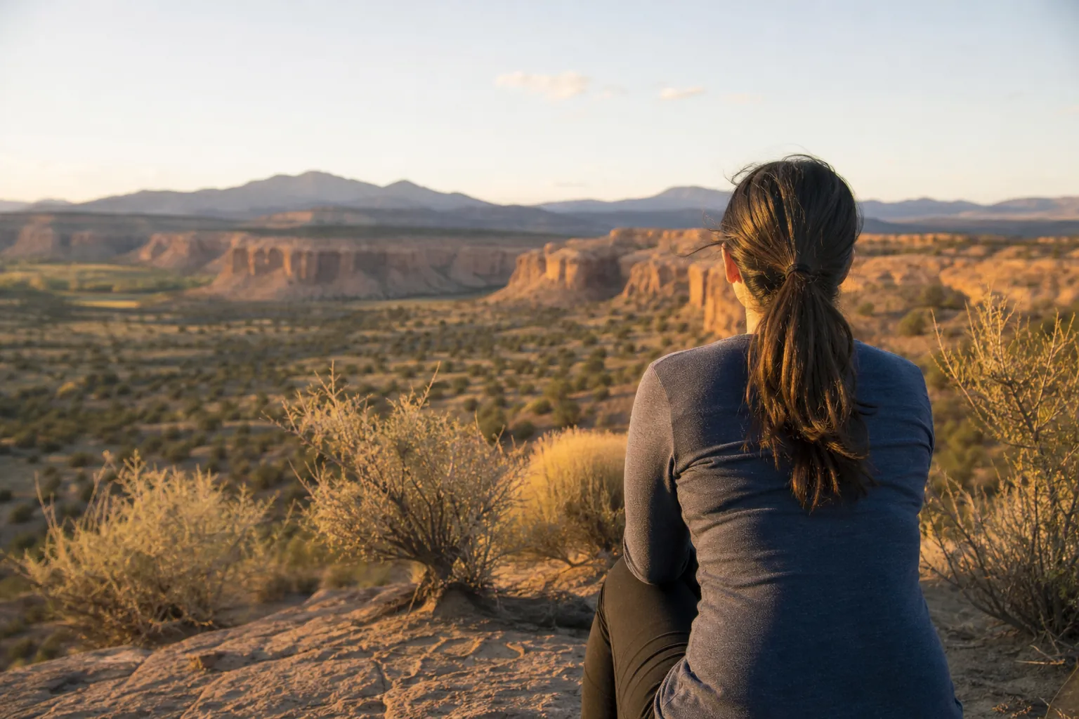 A woman with a ponytail sits on a rocky overlook, facing desert shrubs, sunlit mesas, and distant mountains.