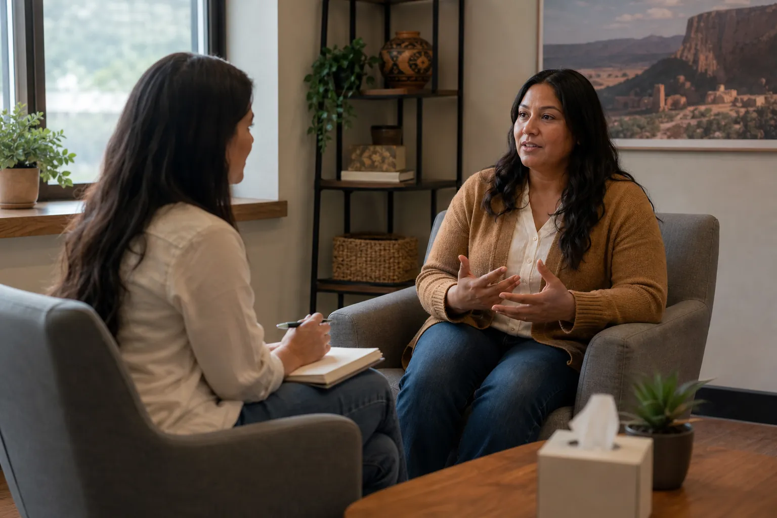 Two women sit facing each other in armchairs, one gesturing while the other holds a pen over a notebook in a counseling office.