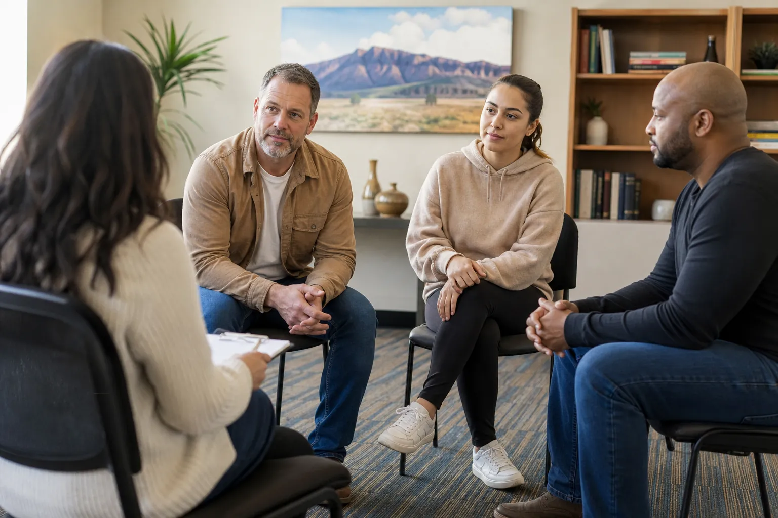 Three adults sit facing a woman holding a clipboard in a group counseling setting, with a desert landscape painting behind them.