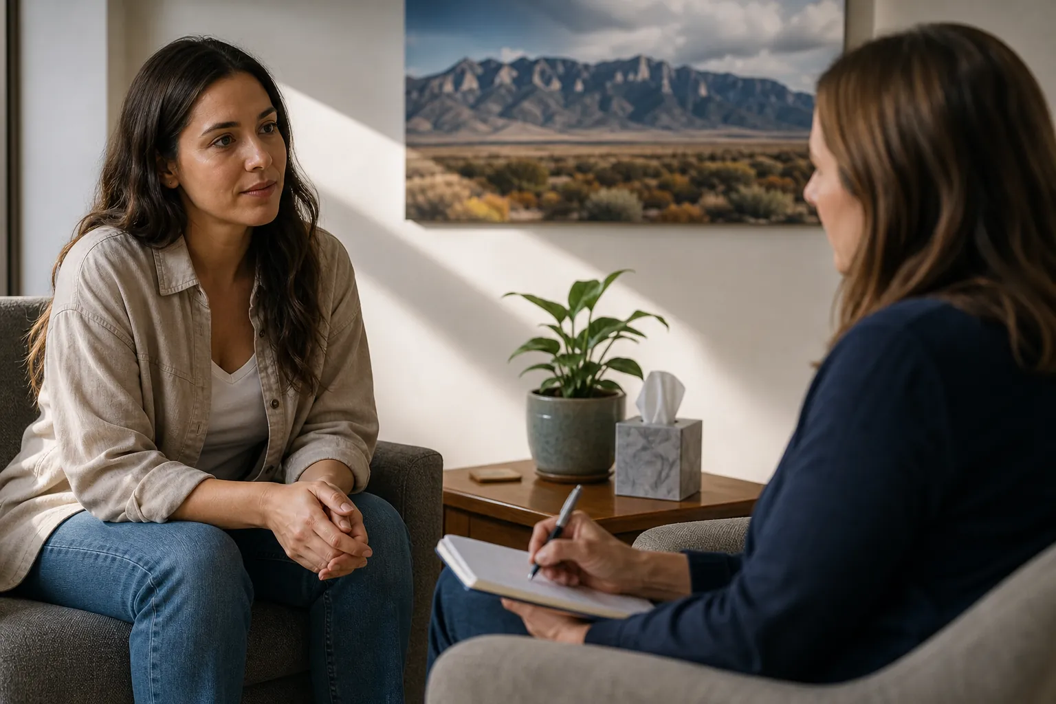 Two women sit facing each other in an office, one holding a pen and notebook, with a desert mountain print behind them.