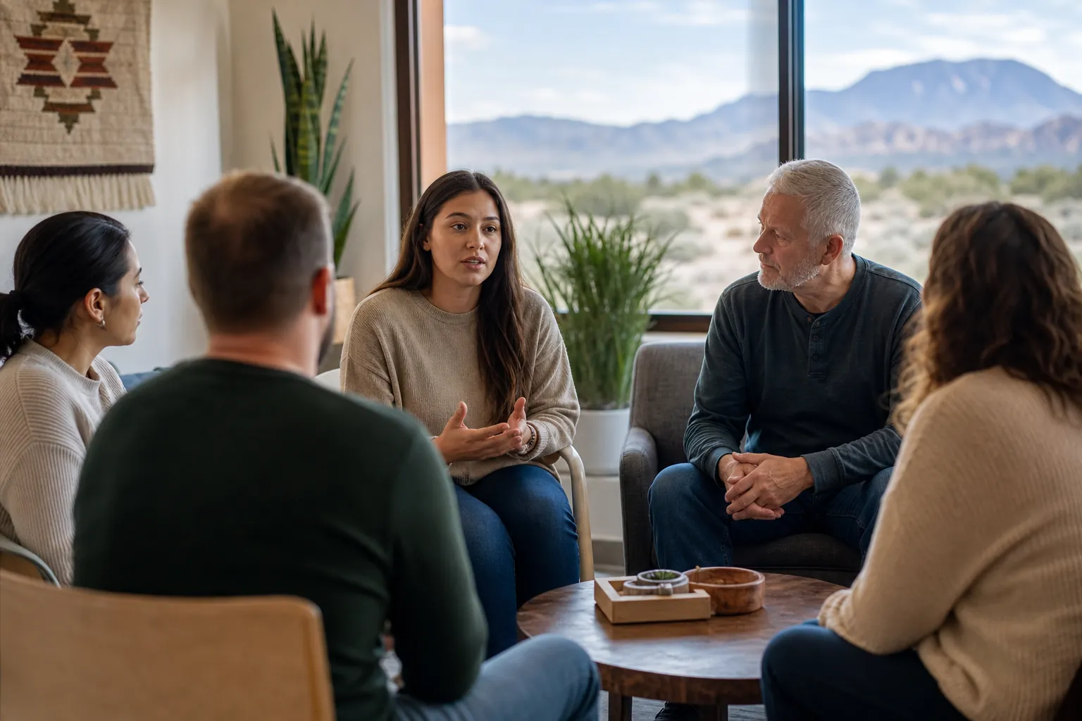 Five adults sit in a circle during a group discussion, with desert mountains visible through large windows.