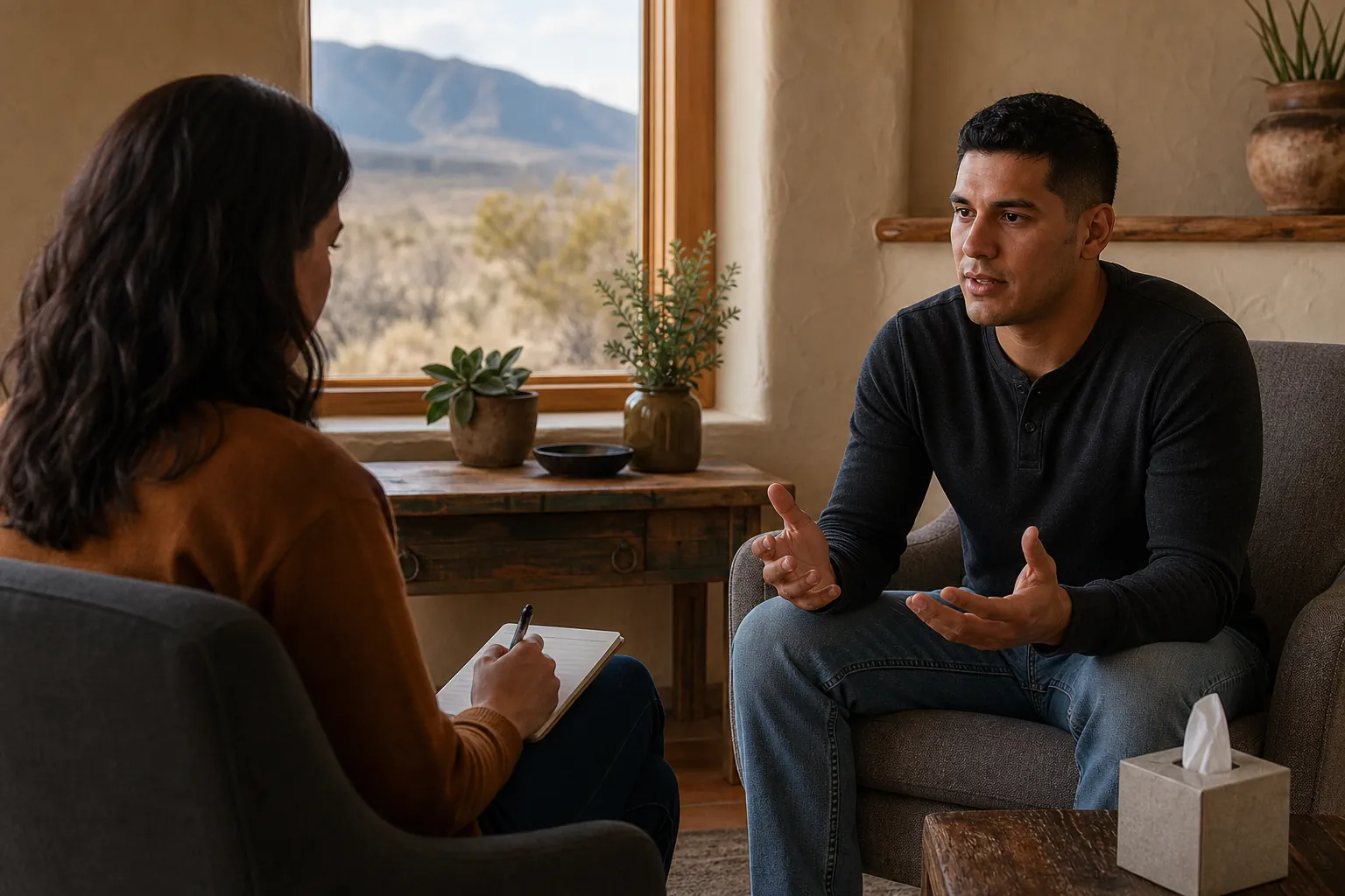 A counselor takes notes while a man speaks and gestures during an individual counseling session in a quiet office.