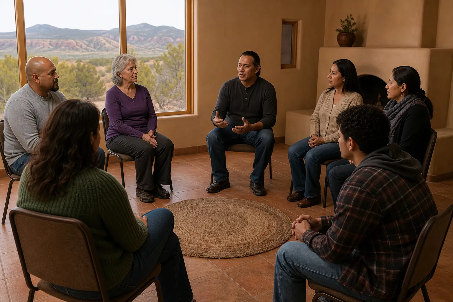 Eight adults sit in a circle as one man speaks during an addiction therapy group meeting in a warm room.