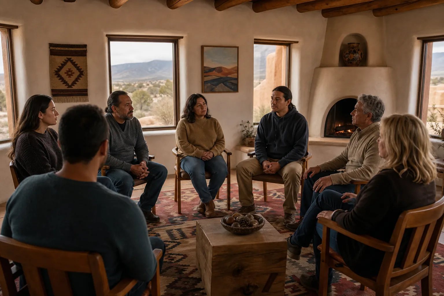 Seven adults sit in a circle for a therapy group discussion in a warm room with a fireplace and desert views.