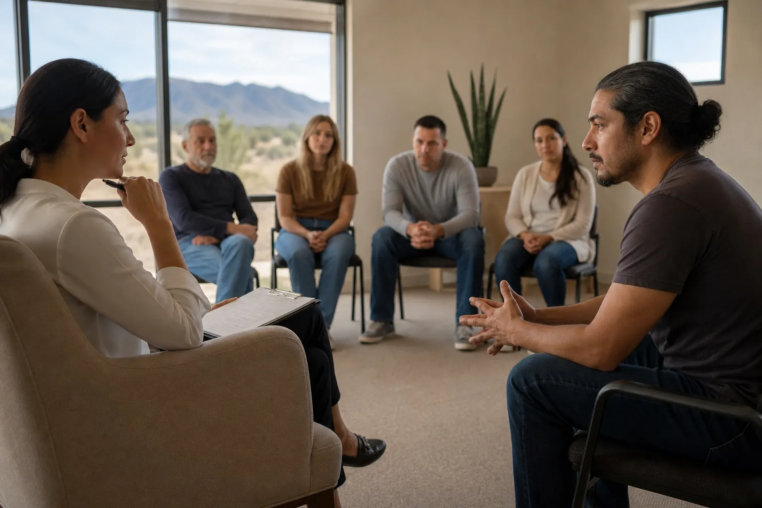 A woman holding a clipboard listens to a man gesturing, with four other adults seated in a circle beside large windows.