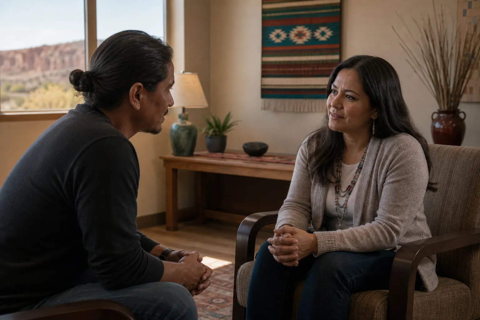A counselor listens attentively to a man during a private conversation in a warm, comfortable office.