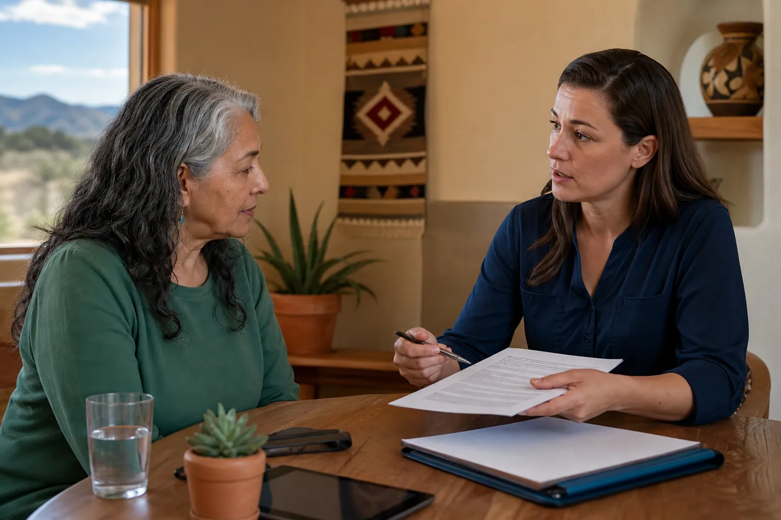 An older woman speaks with a care provider holding forms at a table in a Southwestern-style room with mountain views.