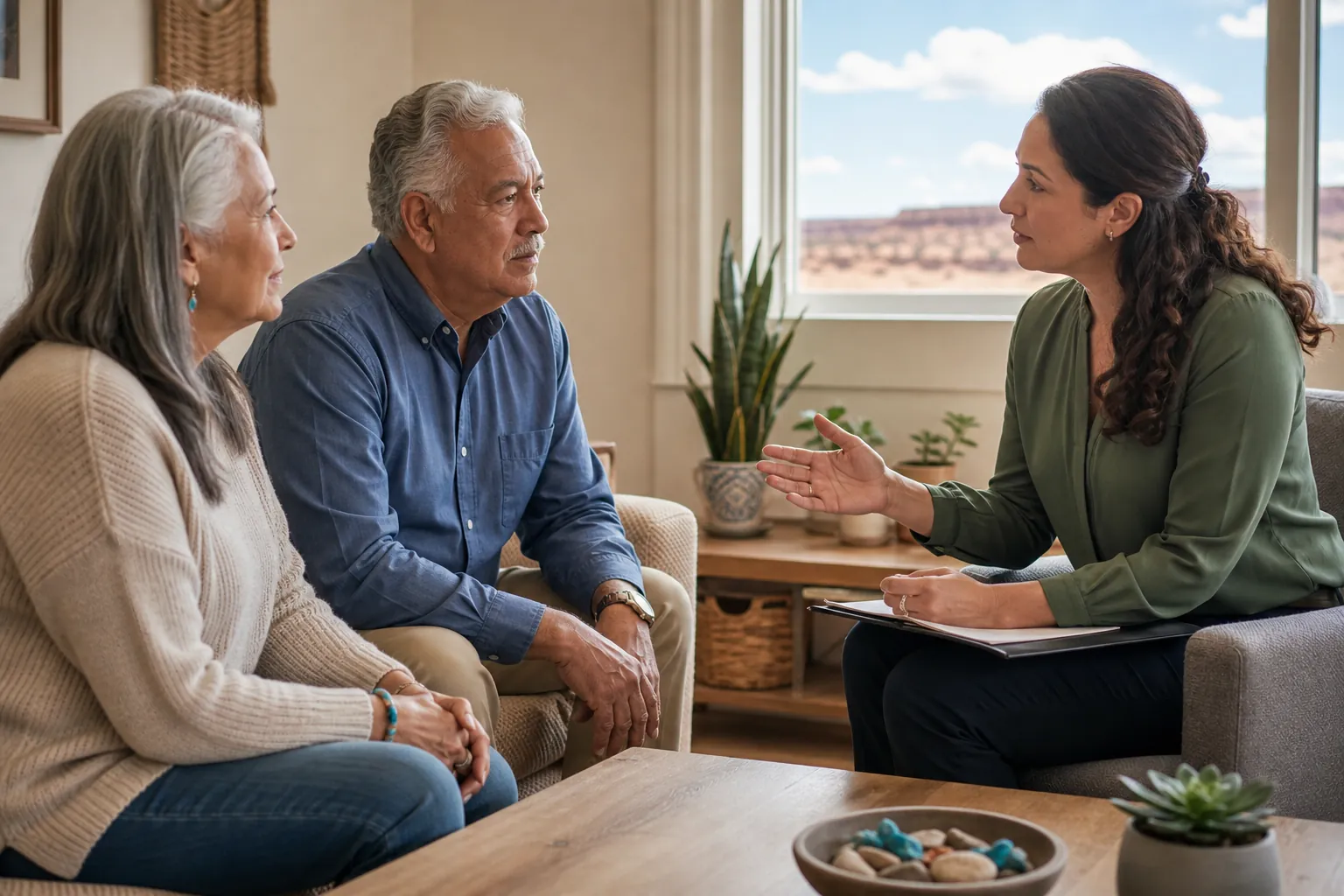 An older couple speaks with a counselor holding a notepad in a room overlooking a New Mexico desert landscape.