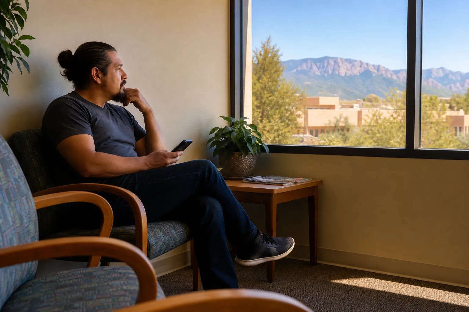 Man holding a phone while seated in a clinic waiting room, looking through a large window toward distant mountains.