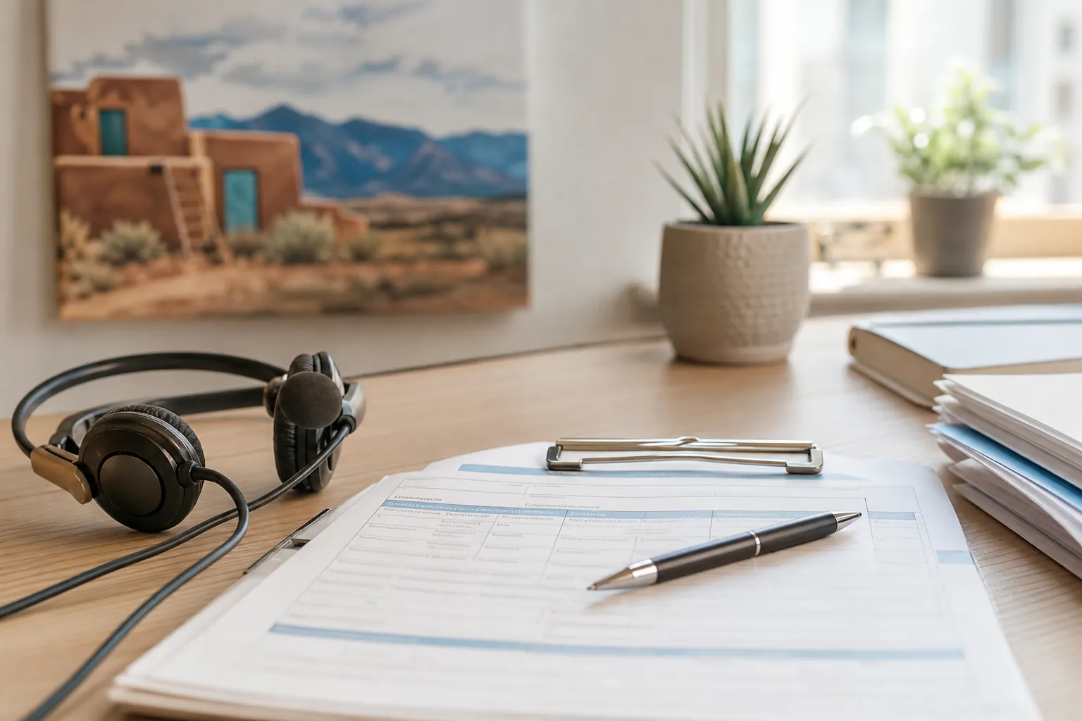 Headset, pen, and blank admissions forms on an office desk beside files, plants, and Southwestern wall art.