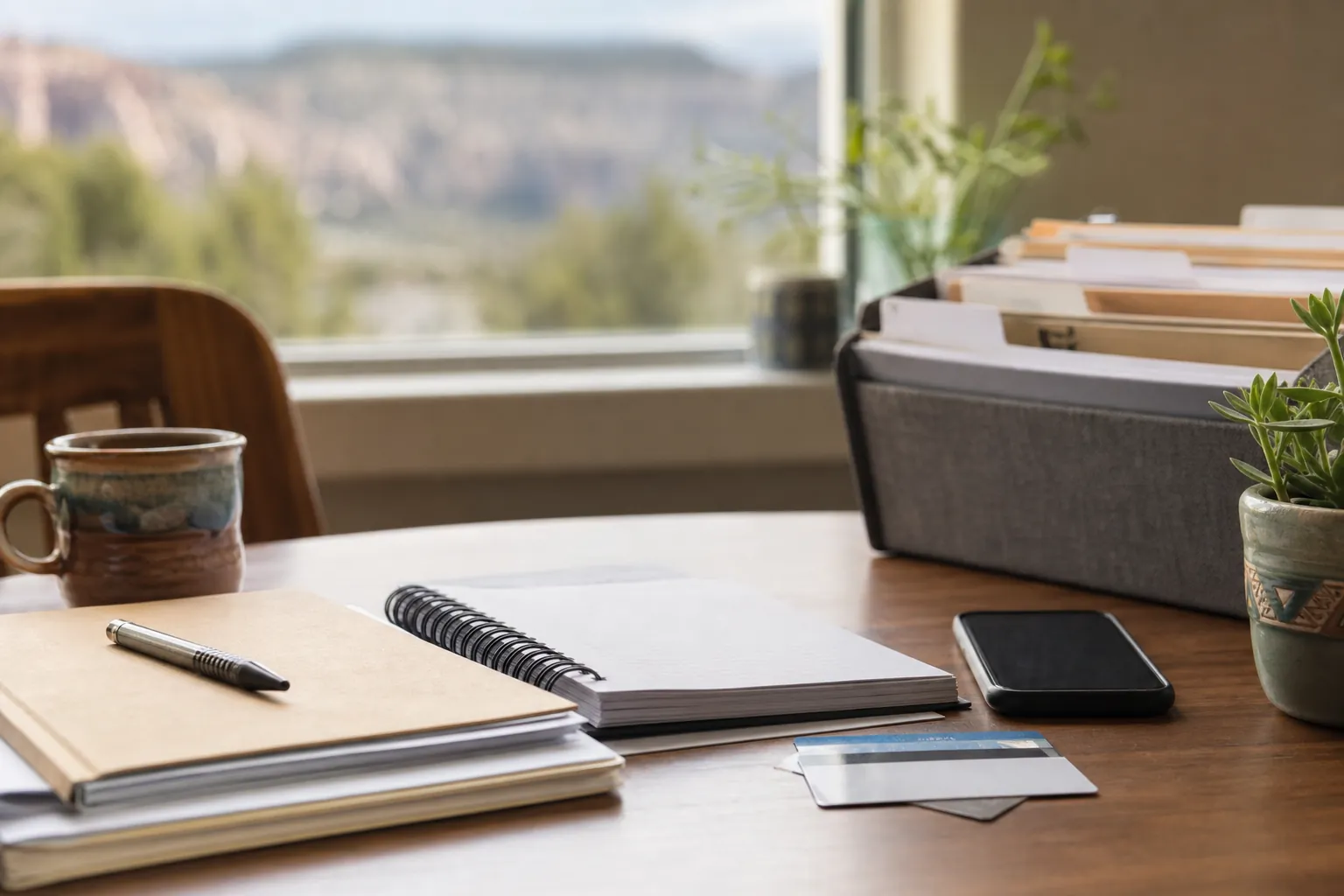 Desk with notebooks, pen, smartphone, cards, file organizer, mug, and plants beside a window overlooking mesas.