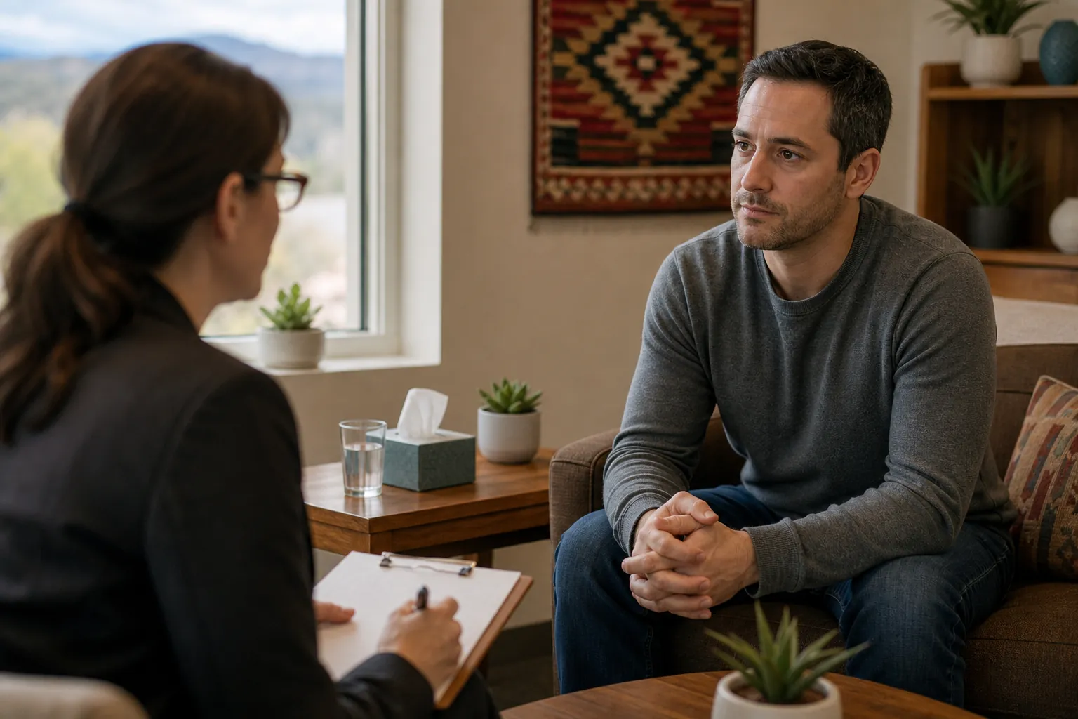 A man sits with his hands clasped, facing a woman holding a pen and clipboard in a comfortably furnished office.