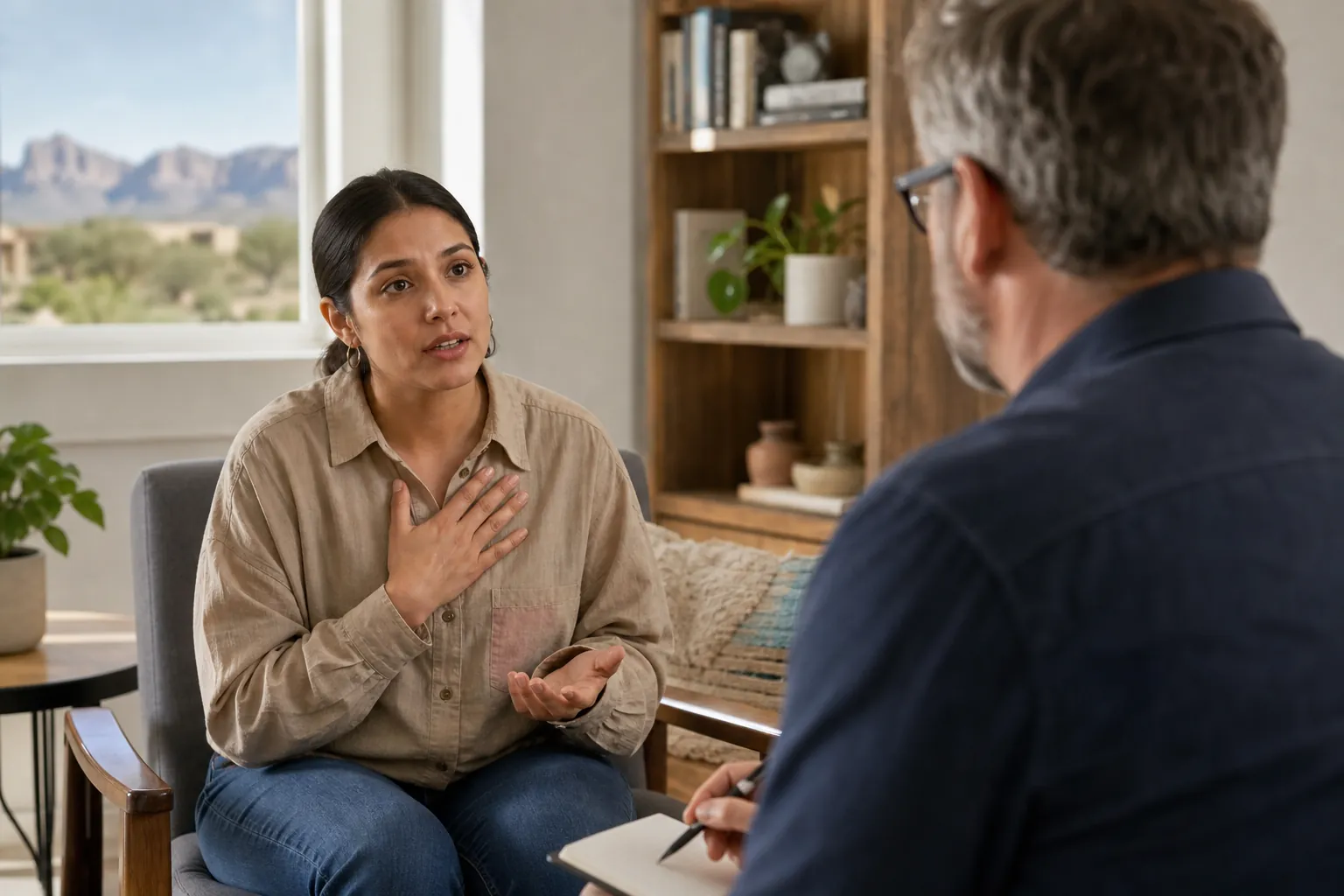 A seated woman gestures while speaking with a man holding a pen and notepad in an office with mountains visible outside.