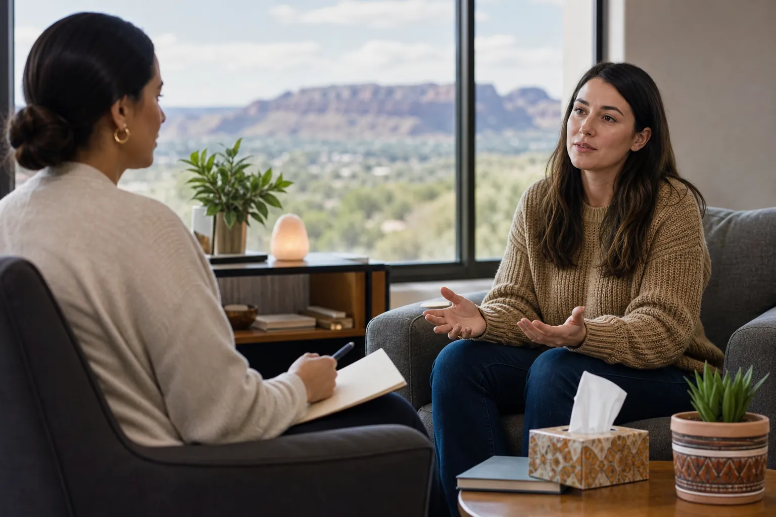 Two women sit facing each other in a counseling office, one gesturing while the other holds a notebook and pen.