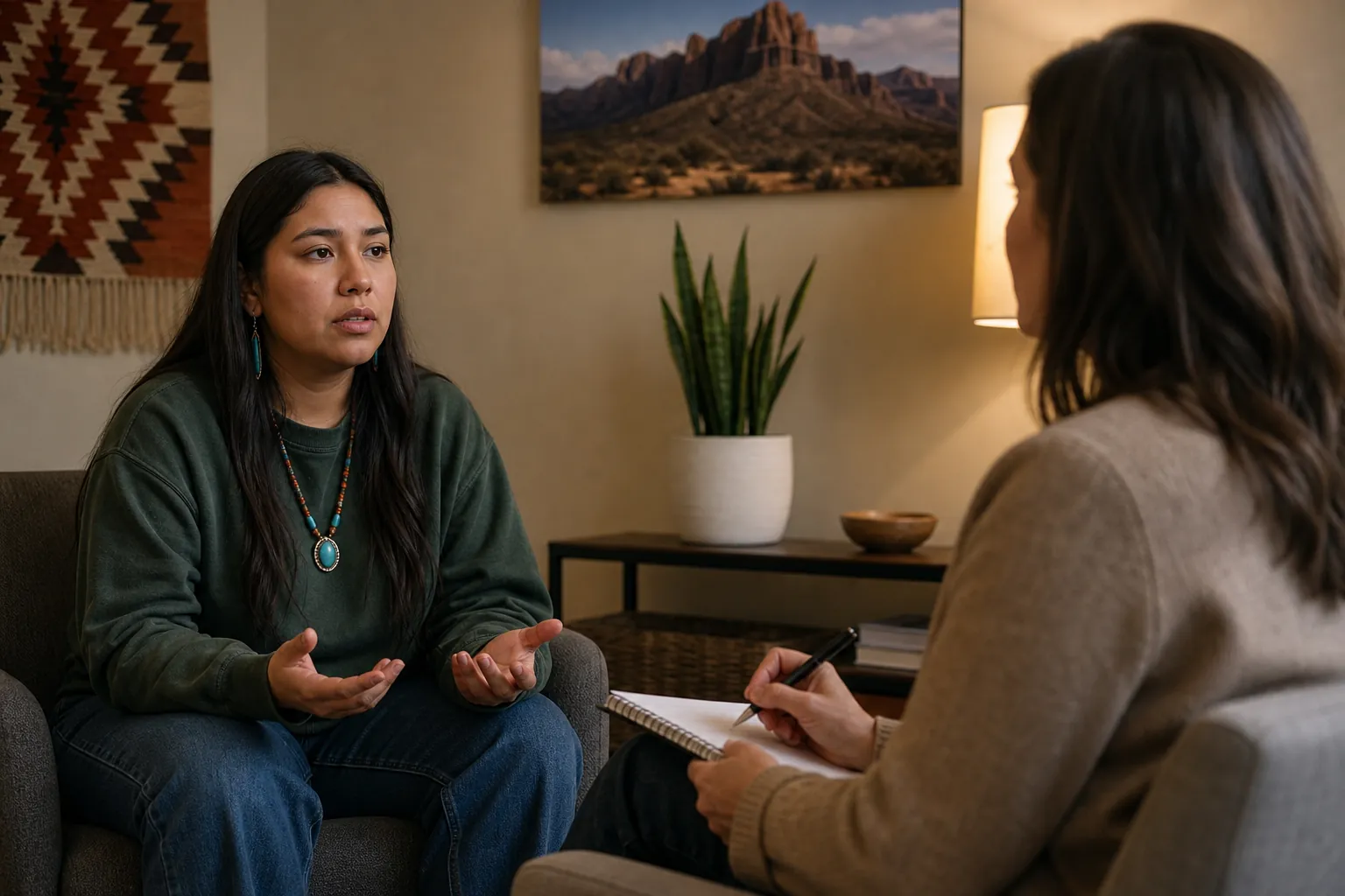 A woman gestures while speaking with a counselor who holds a pen and notebook in a room with Southwestern decor.