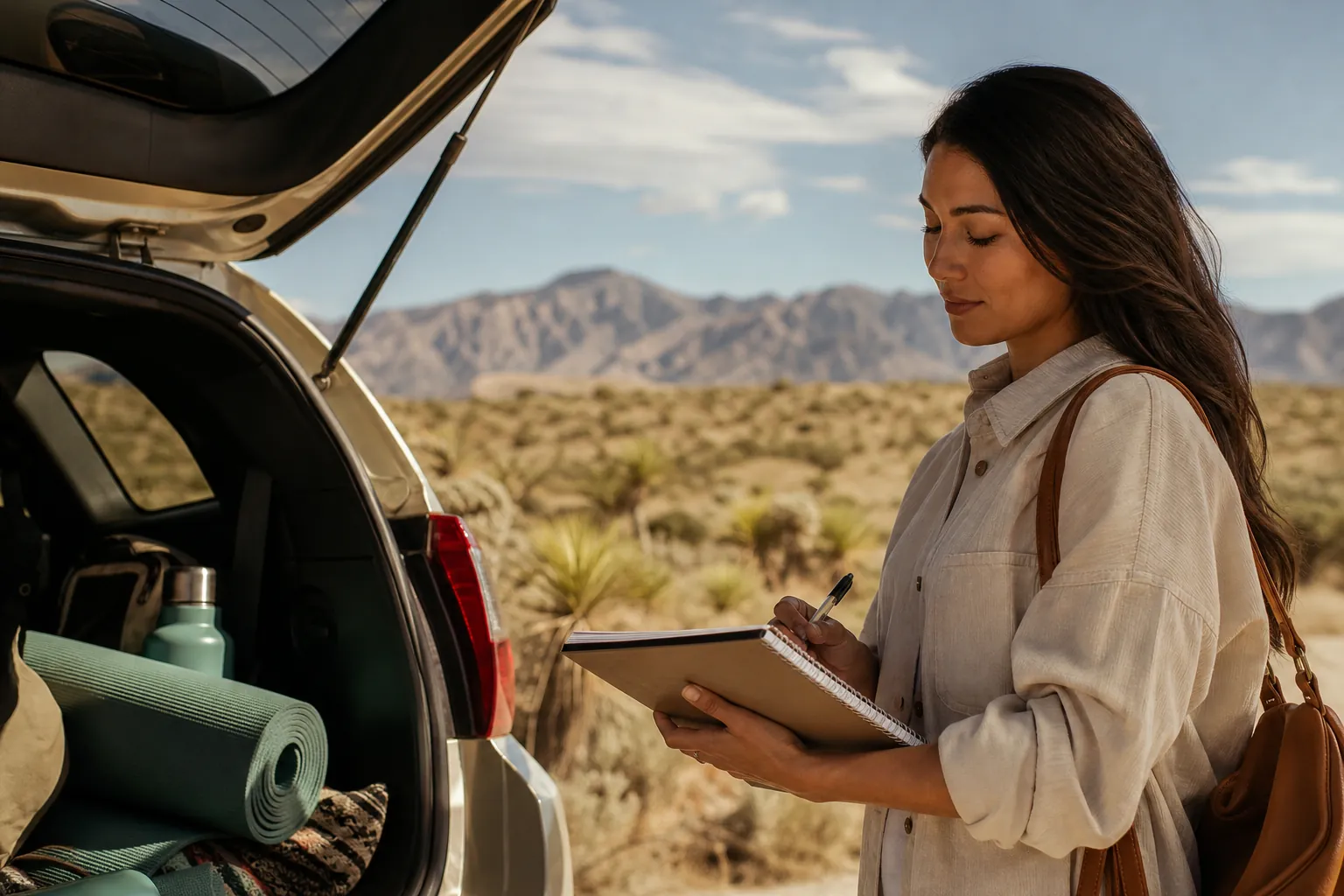 A woman writes in a notebook beside an open SUV trunk holding a yoga mat and water bottle, with desert mountains behind her.