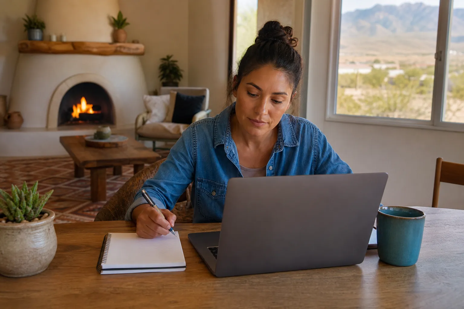 A woman writes in a notebook beside an open laptop and teal mug at a wooden table, with a fireplace and mountain views behind her.