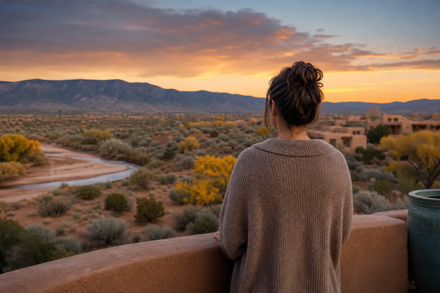 A woman in a knit sweater stands at an adobe terrace wall overlooking a winding river, desert shrubs, and mountains at sunset.